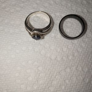 Silver and Black Ring Set with Blue Stone